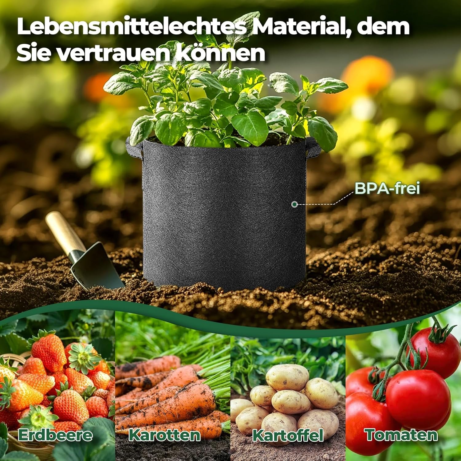 Fabric Plant Grow Bags with Handle 10 Gallon Pack of 5, Heavy Duty Nonwoven Smart Garden Pot Thickened Aeration Nursery Container Black for Outdoor Potato, Tomato, Chili, Carrot and Vegetables